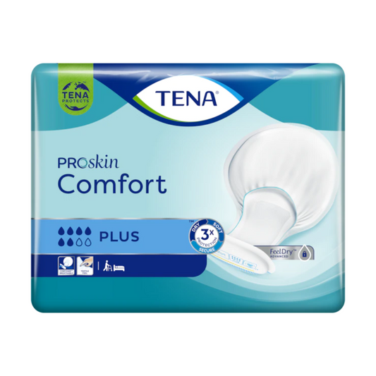 Die TENA Comfort Plus Inkontinenzvorlage | Packung (46 Stück), entworfen von TENA - Essity Germany GmbH, verfügt über eine stilvolle blau-grüne Verpackung, die mit dem Markenlogo und dem Produktnamen verziert ist. Highlights wie „3x Schutz“, „FeelDry“ und „Auslaufschutz“ sind prominent hervorgehoben, zusammen mit Symbolen, die den Sauggrad und die Schutzvorteile darstellen.