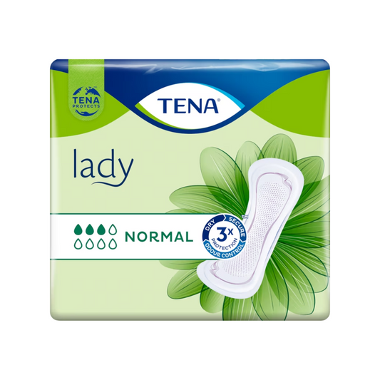 Die TENA Lady Normal Slipeinlage | Packung (30 Stück) von TENA - Essity Germany GmbH, die zur Behandlung von Blasenschwäche entwickelt wurde, wird auf einem grün-blauen Hintergrund präsentiert. Die Verpackung hebt „3x Schutz“ und „Geruchskontrolle“ hervor und zeigt auf der rechten Seite eine Grafik der Einlage, um dieses wirksame Inkontinenzprodukt zu demonstrieren.