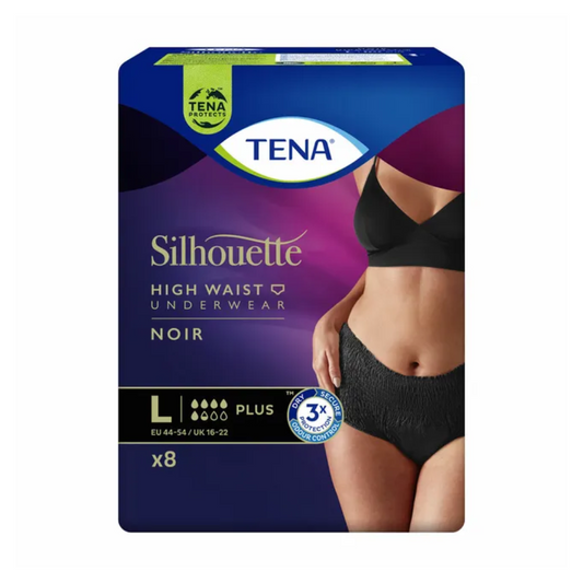 Packung mit TENA Silhouette Plus Noir Inkontinenzpants von TENA - Essity Germany GmbH. Das Bild zeigt den Bauch einer Frau, die diese diskrete Unterwäsche zum Schutz der Blase trägt. Auf der Packung ist die Größe Large (EU 44-54/UK 16-22) angegeben und sie enthält 8 Stück, die einen wirksamen Schutz bei Blasenschwäche bieten.