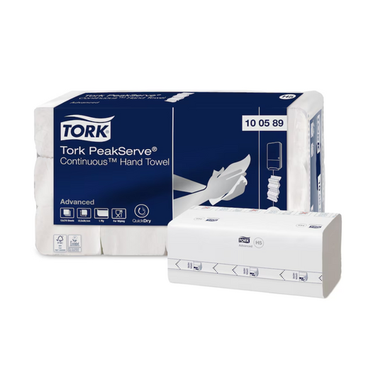 Das Bild zeigt eine Packung Tork PeakServe® Endlos™ Handtücher Advanced (QuickDry™ Papier + Prägung) | Karton (12 Packungen) mit Einzeltuchentnahme. Die blau-weiße Packung enthält Handtücher in Einzeltuchentnahme. Auf der Verpackung ist der Produktcode 100589 zu sehen.