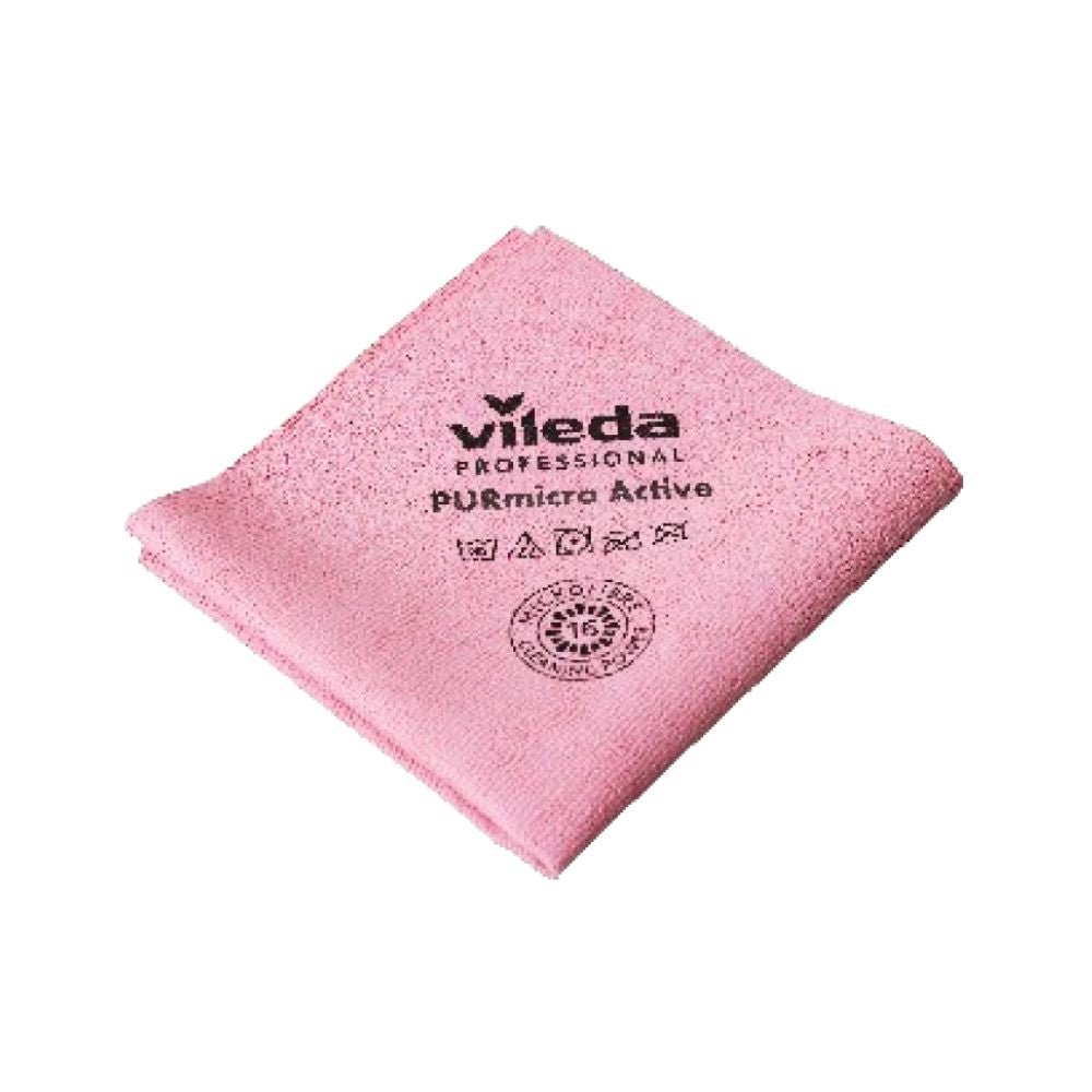 The Vileda GmbH Professional PURmicro Active Microfiber Cloth is a pink cleaning cloth featuring recycling symbols and care instructions. When lightly folded, it offers a clean, soft texture, perfect for streak-free cleaning.