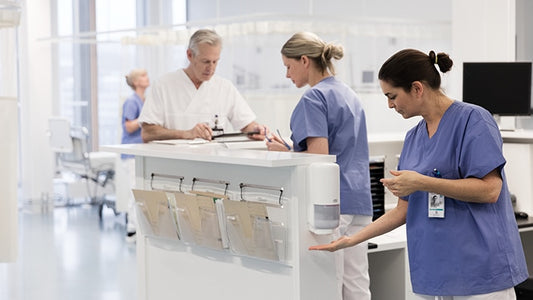 Drei medizinische Fachkräfte in Kitteln stehen an einem Krankenhausarbeitsplatz, wobei eine Person einen Handdesinfektionsmittelspender benutzt. Eine weitere Person im Hintergrund sitzt in der Nähe großer Fenster. Die Umgebung scheint sauber und hell zu sein.