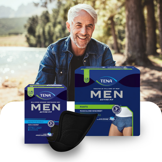 Tena Inkontinenzprodukte im Vordergrund und im Hintergrund ein Mann im mittleren Alter