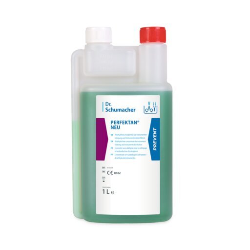 A 1-liter plastic bottle of Dr. Schumacher GmbH's PERFEKTAN® NEU containing green liquid, with a red cap and a white label—perfect for surface disinfection in hygienic environments.