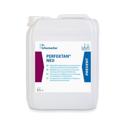 White 5-liter plastic container labeled "Dr. Schumacher PERFEKTAN® NEU" by Dr. Schumacher GmbH, featuring multilingual text, a blue label, and a white screw-on cap—ideal for hygienic environments and effective surface disinfection.