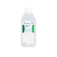 Eine 1L Plastikflasche Dr. Schumacher DESCOSEPT PUR, Schnelldesinfektion von Dr. Schumacher GmbH, mit weißem Etikett mit grünen und blauen Akzenten und weißem Verschluss. Ideal für medizinisches Inventar; aufrecht auf weißem Hintergrund.
