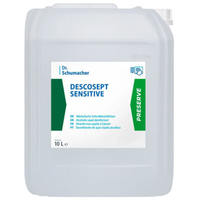A 10-liter plastic container of Dr. Schumacher GmbH Descosept Sensitive Rapid Disinfection, with a white-green label and a white cap on the top right - ideal for medical inventory.