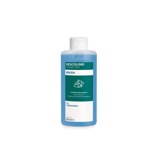 A 500ml bottle of Dr. Schumacher Waschlotion DESCOLIND COMFORT WASH by Dr. Schumacher GmbH with a white closure, blue liquid, and a label with allantoin and the Dr. Schumacher logo on a white background.