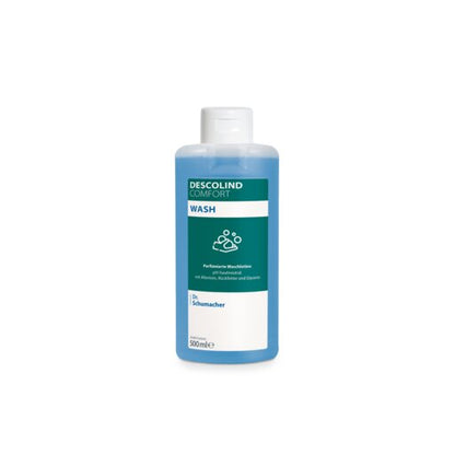 A 500ml bottle of Dr. Schumacher Waschlotion DESCOLIND COMFORT WASH by Dr. Schumacher GmbH with a white closure, blue liquid, and a label with allantoin and the Dr. Schumacher logo on a white background.