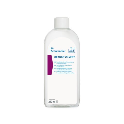 A 250 ml clear bottle with a white cap and blue lettering "Dr. Schumacher ORANGE SOLVENT instrument cleaner" by Dr. Schumacher GmbH is ideal for cleaning medical products (orange oil cleaner).