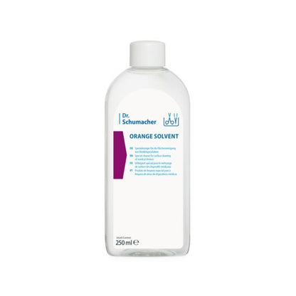 A 250 ml clear bottle with a white cap and blue lettering "Dr. Schumacher ORANGE SOLVENT instrument cleaner" by Dr. Schumacher GmbH is ideal for cleaning medical products (orange oil cleaner).