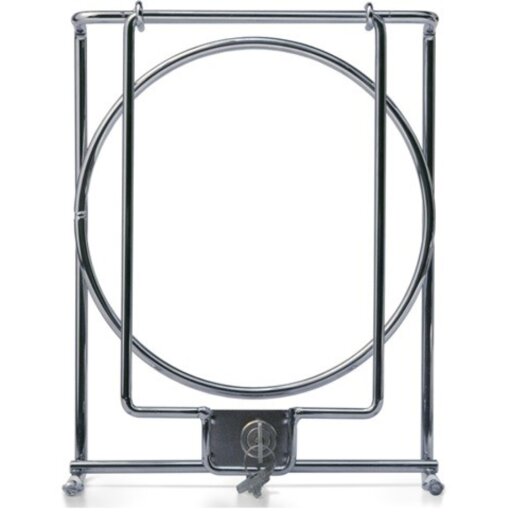 The Dr. Schumacher DESCO WIPES HOLDERS LARGE (1 piece) from Dr. Schumacher GmbH is a foldable metal stand with a circular center, photographed standing on four wheels against a white background.