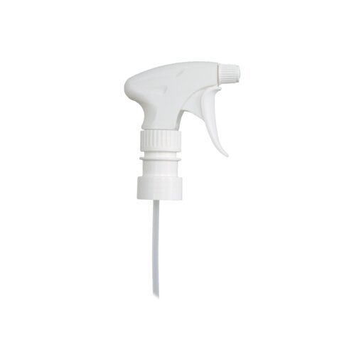 A white Dr. Schumacher GmbH spray pump with a trigger nozzle (1 piece) and a long dip tube, ideal for applying liquids, isolated against a plain white background.