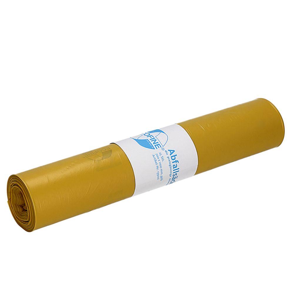 A rolled 120L yellow DEISS ECOFINE® waste bag from EMIL DEISS KG (GmbH + Co.) made of recycled LDPE/LLDPE, with a white-blue label, on a white background - ideal for environmentally friendly waste disposal.
