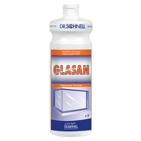Die Dr. Schnell GLASAN von DR.SCHNELL GmbH & Co. KGaA ist eine weiße Flasche mit einem Etikett für streifenfreie Reinigung-ideal als Ihr Glasreiniger oder Oberflächenreiniger.