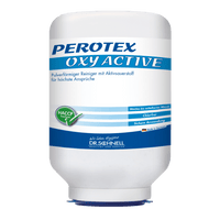 Eine weiße 3 kg-Kartusche mit der Bezeichnung "PEROTEX OXY ACTIVE" der DR.SCHNELL GmbH & Co. KGaA ist ein professionelles Geschirrspülmittel mit Aktivsauerstoff, HACCP-Zertifizierung und deutscher Anleitung für gewerbliche Maschinen.