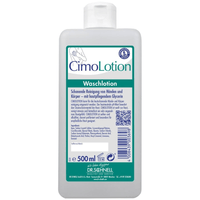The Dr. Schnell CIMOLOTION dispenser bottles from DR.SCHNELL GmbH & Co. KGaA contain a 500-ml white cleansing lotion with a flip-top cap, a blue-green label, and German text, and offer hygienic dispensing—ideal for gentle hand and body cleansing as part of a skincare routine.