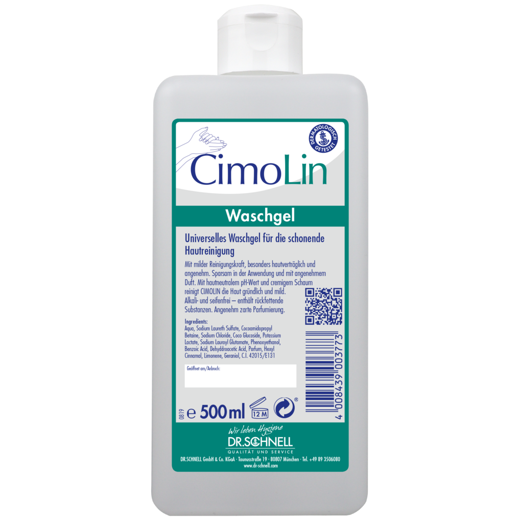 Eine 500 ml Dr. Schnell CIMOLIN Spenderflaschen Hautreinigung der DR.SCHNELL GmbH & Co. KGaA steht aufrecht, hat ein überwiegend weißes Etikett mit blau-grünen Akzenten, einen QR-Code und einen blauen Verschluss.
