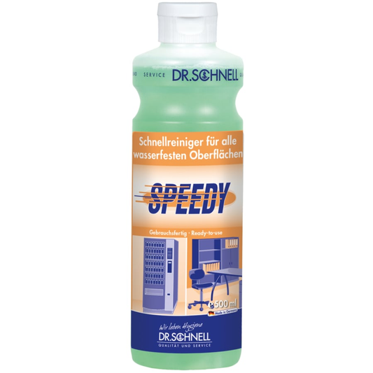Eine 500 ml Dr. Schnell SPEEDY Flasche der DR.SCHNELL GmbH & Co. KGaA enthält grüne Flüssigkeit zur schnellen Reinigung aller wasserfesten Oberflächen im Haushalt, mit Abbildungen von Automaten und Büromöbeln auf dem Etikett.
