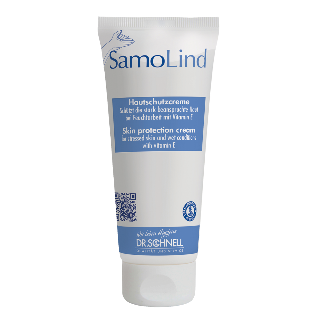 Eine weiße Tube Dr. Schnell SAMOLIND Hautschutz der DR.SCHNELL GmbH & Co. KGaA mit blauen Akzenten und deutsch/englischem Text. Die Creme schützt beanspruchte Haut bei Nässe und enthält Vitamin E.