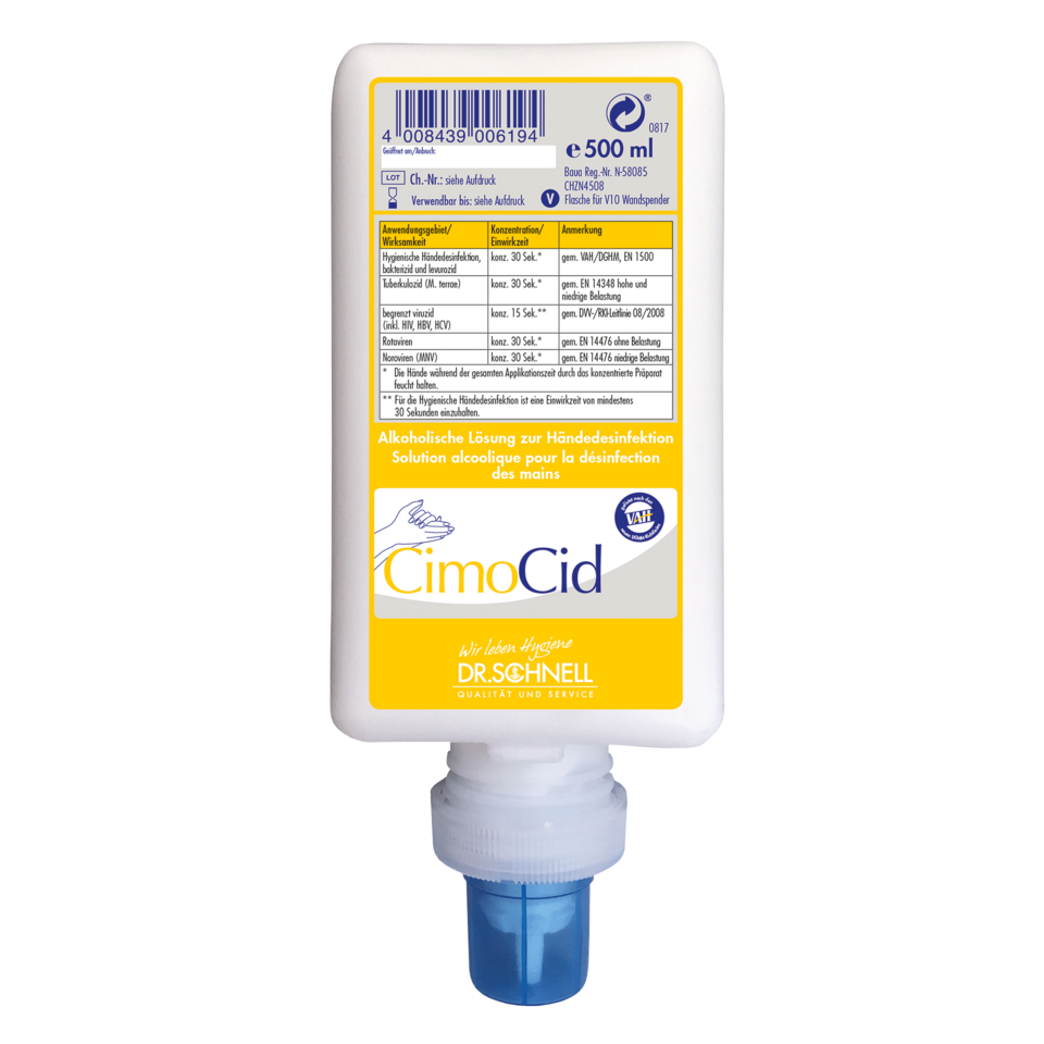 A 500 ml bottle of Dr. Schnell CIMOCID Alcoholic Hand Disinfection by DR.SCHNELL GmbH & Co. KGaA, with a blue pump and a white label with product information and usage instructions in multiple languages.