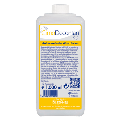 Eine 1.000 ml Flasche Dr. Schnell CIMODECONTAN SOFT Antimikrobielle Waschlotion von DR.SCHNELL GmbH & Co. KGaA, mit gelb-blauem Etikett und deutscher Anleitung zur hygienischen Reinigung von Haut und Händen.
