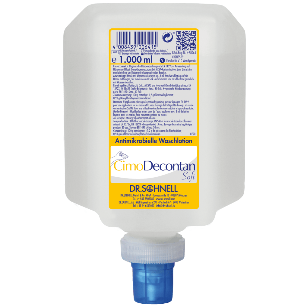 Ein 1000 ml Kunststoffspender der Dr. Schnell CIMODECONTAN SOFT Antimikrobielle Waschlotion der DR.SCHNELL GmbH & Co. KGaA, mit gelb-weißem Etikett und blauer Kappe, zur hygienischen Haut- und Handreinigung.