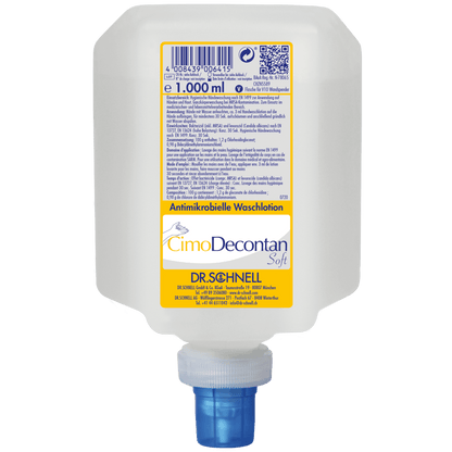Ein 1000 ml Kunststoffspender der Dr. Schnell CIMODECONTAN SOFT Antimikrobielle Waschlotion der DR.SCHNELL GmbH & Co. KGaA, mit gelb-weißem Etikett und blauer Kappe, zur hygienischen Haut- und Handreinigung.