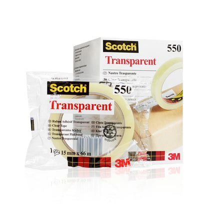 A roll of Scotch® Transparent Tape 550 from 3M Deutschland GmbH lies in clear plastic packaging in front of its box, which displays various translations for "Transparent Tape" and the 3M logo.