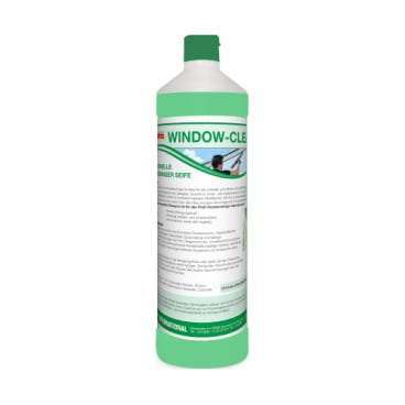 The green-and-white Arcora WINDOW-CLEAN PROFESSIONAL WINDOW CLEANING SOAP bottle from Arcora International GmbH stands upright against a plain white background and promises streak-free and effective window cleaning.
