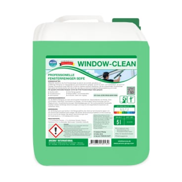 A green 5L bottle of Arcora WINDOW-CLEAN PROFESSIONAL WINDOW CLEANING SOAP by Arcora International GmbH, labeled in German with safety information and an image of window cleaning—ideal for streak-free, professional window cleaning.