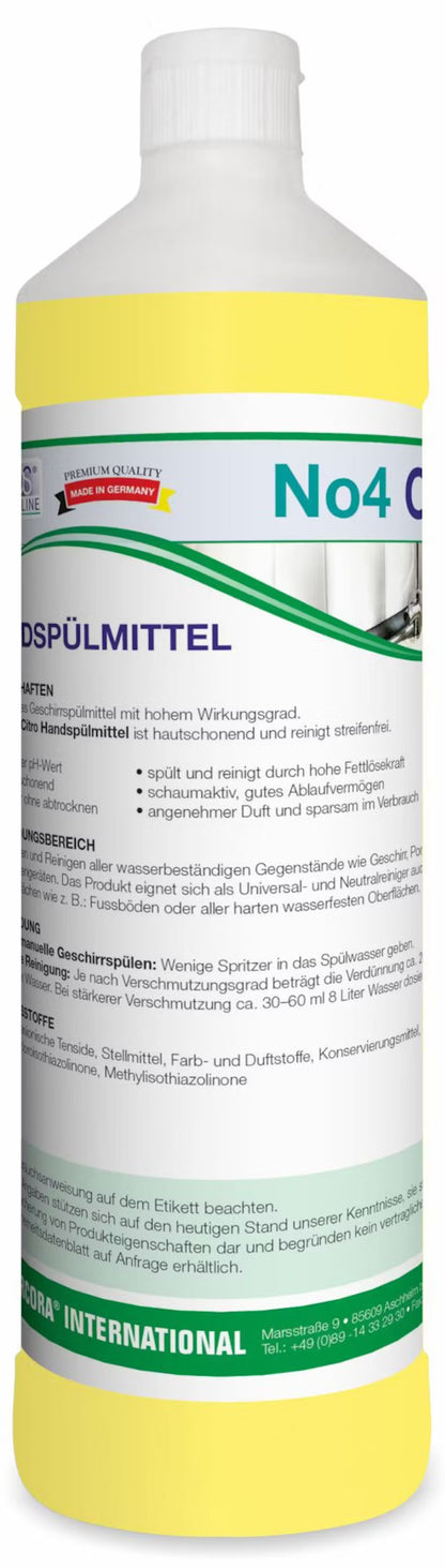 A yellow bottle of Arcora No. 4 Citro dishwashing liquid from Arcora International GmbH in Germany, with a white cap and a detailed German label containing instructions for use, ingredients, and safety information.