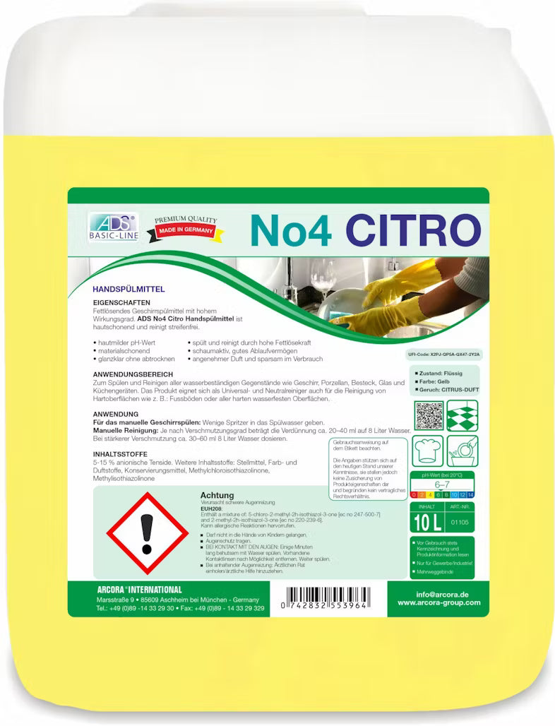A yellow 10-liter container of Arcora No. 4 Citro hand dish soap, manufactured by Arcora International GmbH, is labeled in German with illustrations; it describes the product as a skin-friendly hand dish soap and includes safety warnings, instructions, and information about the ingredients.