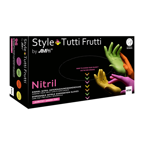 AMPri Style Tutti Frutti Nitrilhandschuhe puderfrei, Farbenmix | Box (96 Stück)