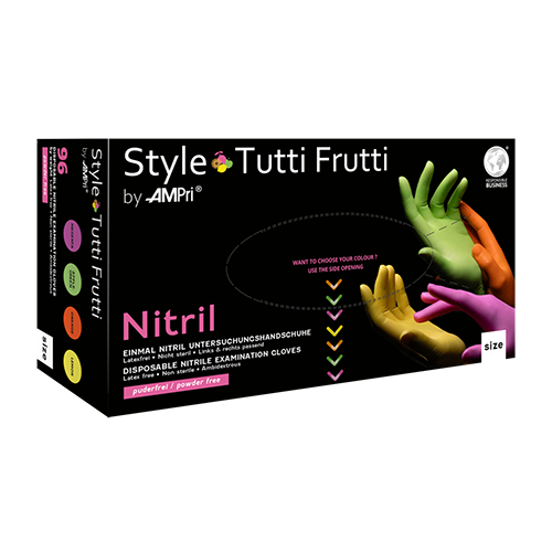AMPri Style Tutti Frutti Nitrilhandschuhe puderfrei, Farbenmix | Box (96 Stück)