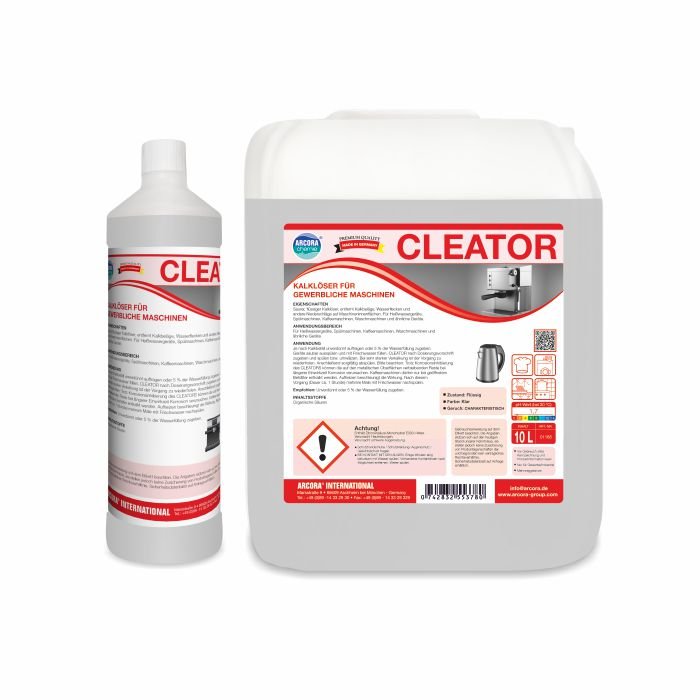 Two Arcora CLEATOR LIMESCALE REMOVER FOR COMMERCIAL MACHINES from Arcora International GmbH: 1L bottle and 10L canister with red-white label. Perfect for removing limescale deposits in industrial use.