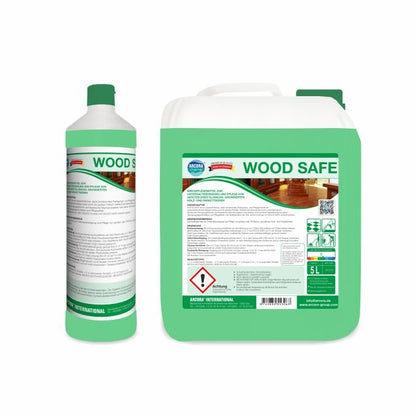 Two green-white Arcora WOOD SAFE containers - a tall bottle and a 5-liter jug with a handle - are used for the maintenance cleaning and care of oiled or oil/wax primed wood and parquet floors. Both have detailed instructions on the labels.