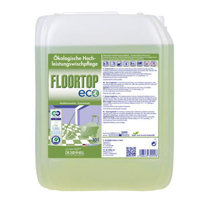 A 10-liter container of Dr. Schnell Floortop Eco Floor Cleaner Concentrate, ecological, highly effective by DR.SCHNELL GmbH & Co. KGaA, with German label and eco symbols. Green liquid visible inside; ideal for waterproof floor coverings.