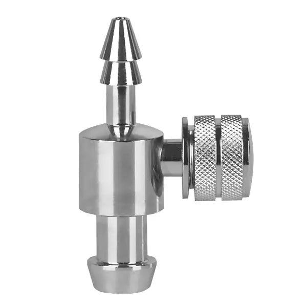 The Pressure Man II relief valve, standard with twist screw (1 piece), is a stainless steel CO2 check valve with a knurled handle and nozzle, ideal for beverage or aquarium systems, depicted on a white background.