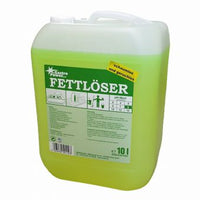 A 10-liter plastic container of GastroPower degreaser—foam-free and odorless—from Abena Re-Seller GmbH, designed for kitchen degreasing, featuring product information, instructions, and safety symbols on the front, as well as a white handle and lid.