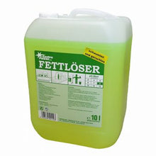 Ein 10-Liter-Kunststoffbehälter von GastroPower Fettlöser, Schaumlos u. Geruchslos der Abena Re-Seller GmbH für die Küchenentfettung, mit Produktinformationen, Hinweisen und Sicherheitssymbolen auf der Vorderseite sowie einem weißen Griff und Deckel.