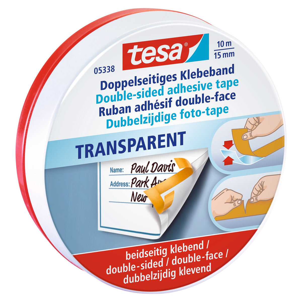 tesa Double-Sided Tape, 10 m x 15 mm, white-translucent