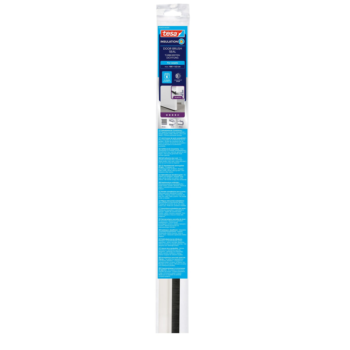 tesa INSULATION Door Brush Seal for Carpeted Floors, 1 m x 43 mm, white