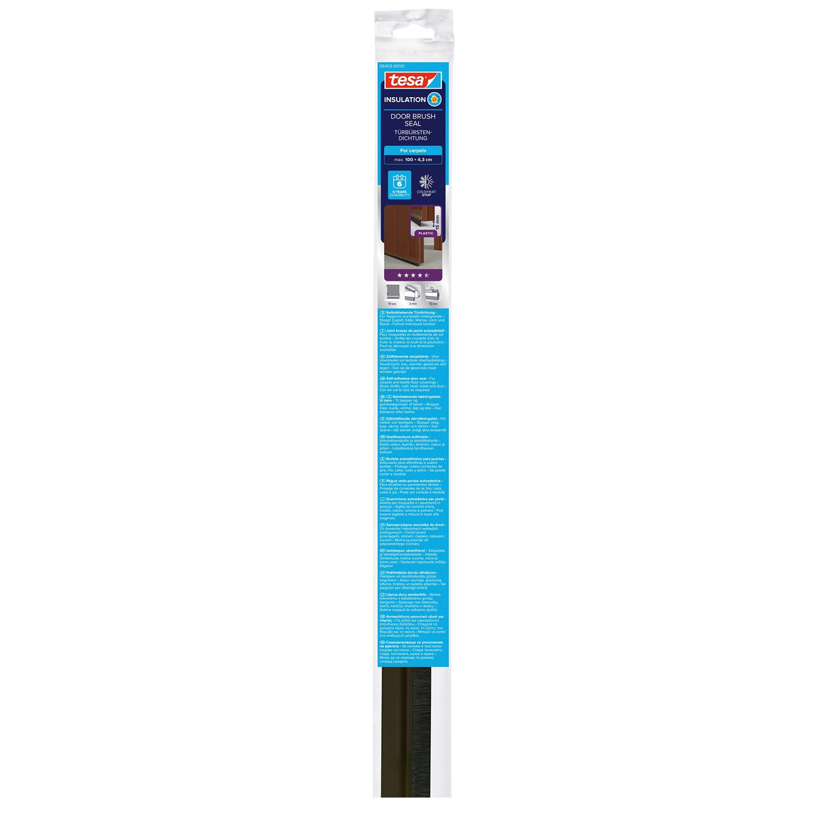 tesa INSULATION Door Brush Seal for Carpeted Floors, 1 m x 43 mm, brown
