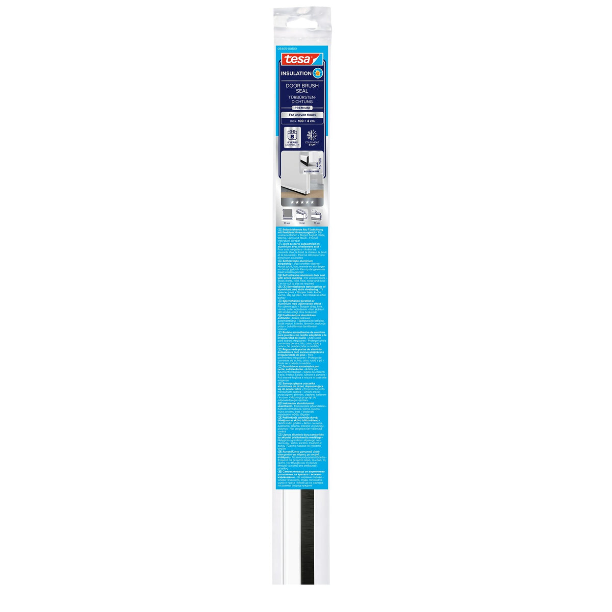 tesa INSULATION Door Brush Seal for Uneven Floors, 1 m x 40 mm, White Aluminum