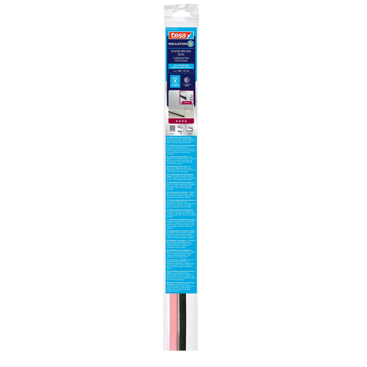 tesa INSULATION Door Brush Seal for Smooth and Slightly Uneven Floors, 1 m x 37 mm, Transparent