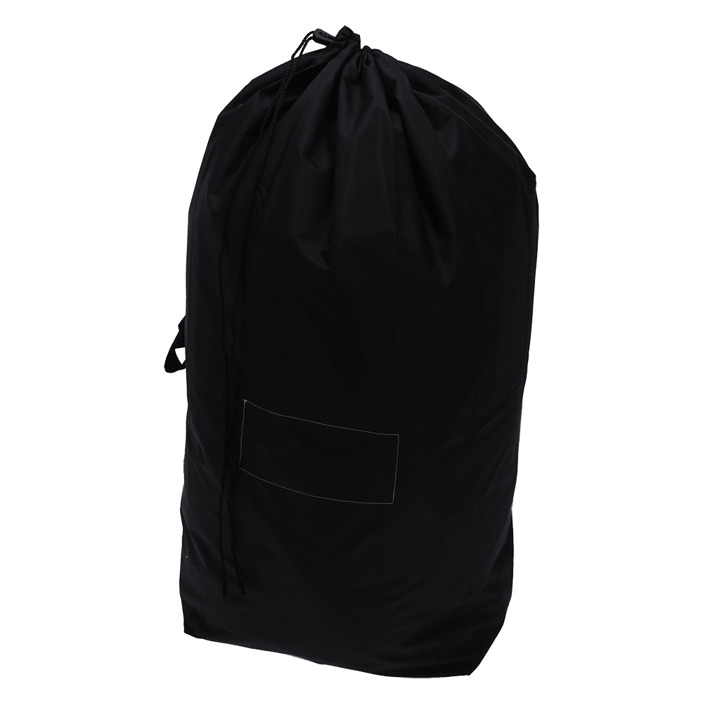 A DEISS 6504 reusable trash bag (700x1100 mm, black) from EMIL DEISS KG is shown standing upright against a white background, with a rectangular front panel and a side carrying handle. Packaged in a cardboard box containing 50 packs.