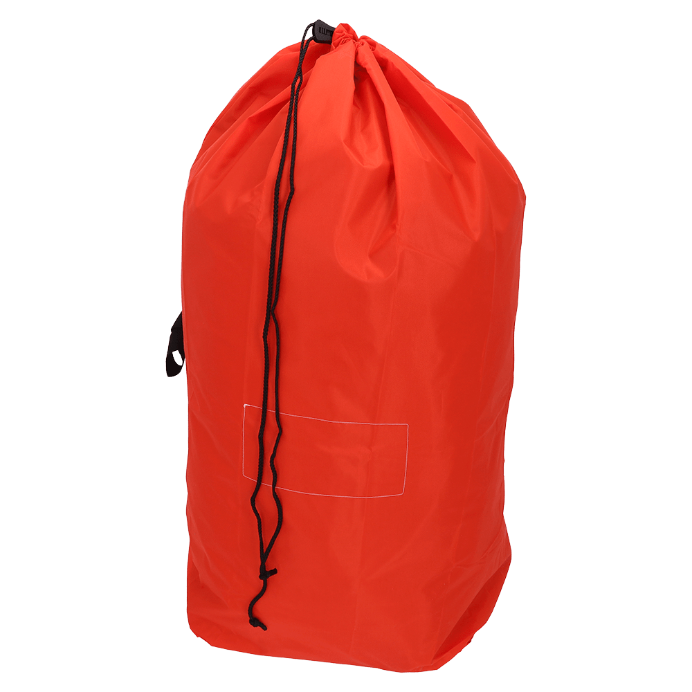 A large red EMIL DEISS KG (GmbH + Co.) DEISS 6506 reusable waste bag (700x1100 mm) with a black drawstring closure and a sewn rectangular area on the front is depicted upright against a plain white background.