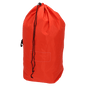 A large red EMIL DEISS KG (GmbH + Co.) DEISS 6506 reusable waste bag (700x1100 mm) with a black drawstring closure and a sewn rectangular area on the front is depicted upright against a plain white background.