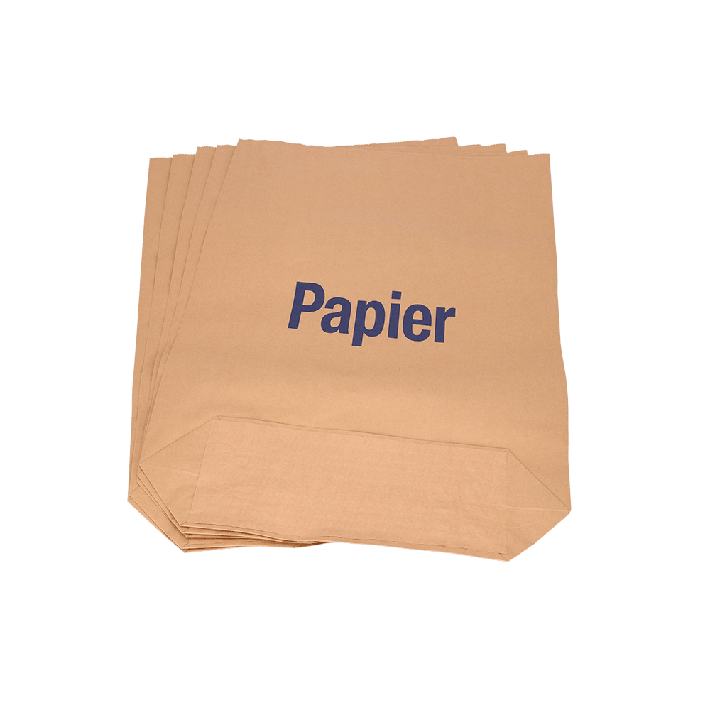 Ein Stapel brauner Papiersäcke der EMIL DEISS KG DEISS 7004 (70x95+20 cm, 70 g/m², 2-fach Bündel, 25 Stück) mit dem blauen Schriftzug "Papier" auf der Vorderseite, ideal für den industriellen Einsatz oder als umweltfreundliche Müllsäcke in Abfallsystemen.